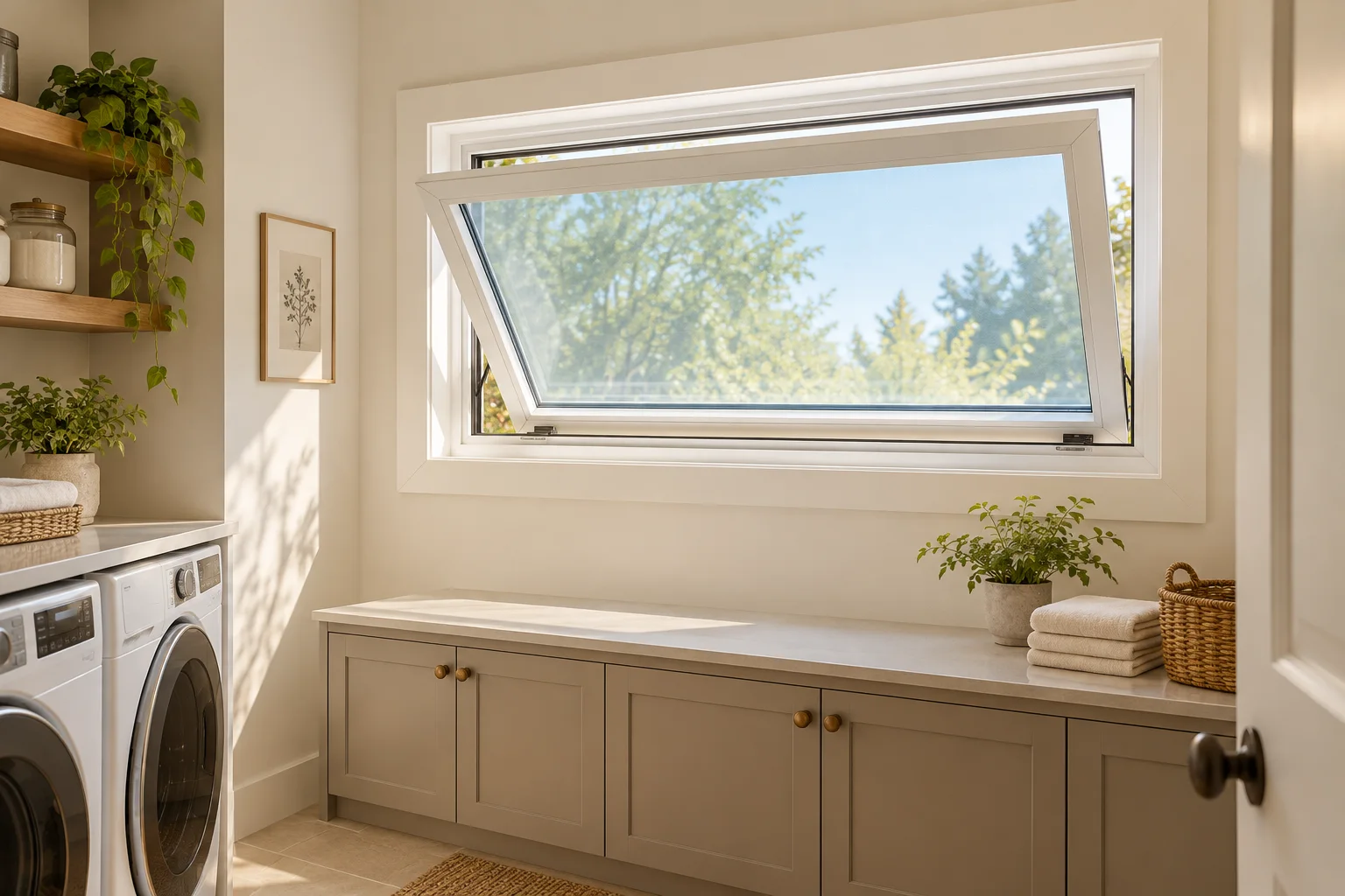 A bottom-hinged hopper window tilted into a laundry room above a low cabinet.