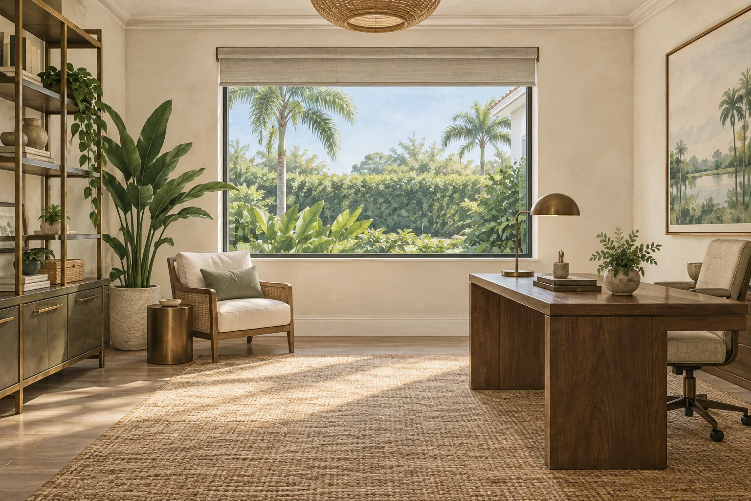 Illustration of a home office with a large garden-facing window and raised roller shade.