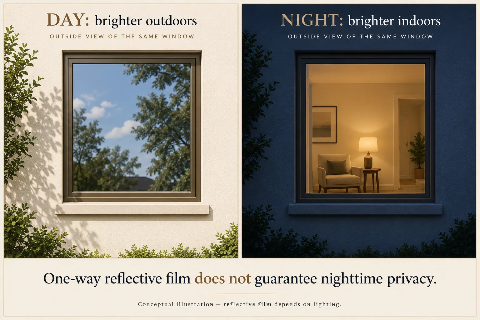 Outside views of a window reflecting trees by day and revealing a lit room at night.