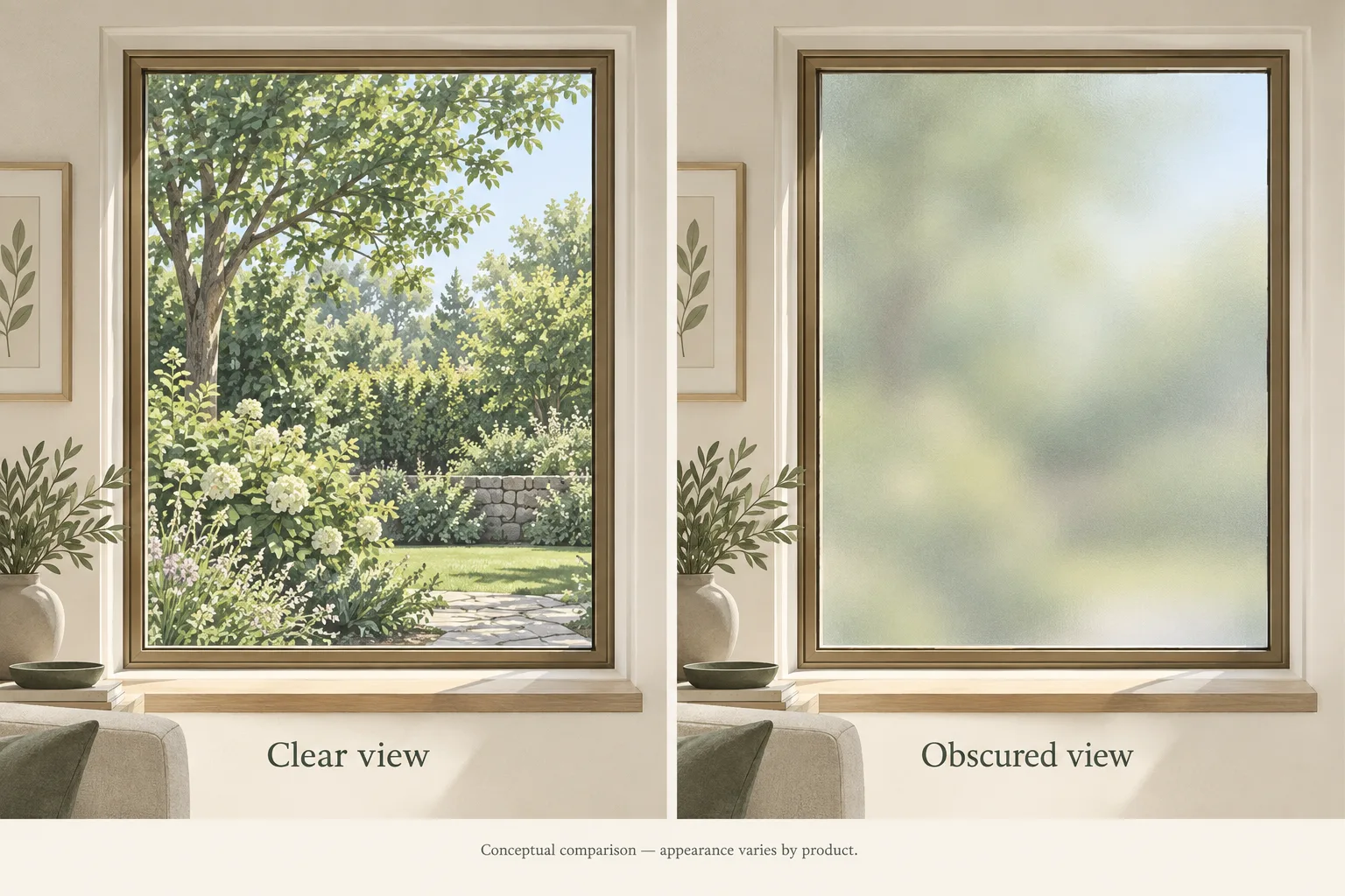 Side-by-side inside views through clear glass and a frosted-looking pane that blurs the garden.