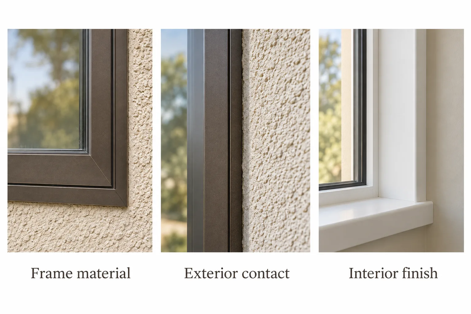 Three close-ups show a metal window frame, its contact with stucco, and a finished interior reveal and sill.