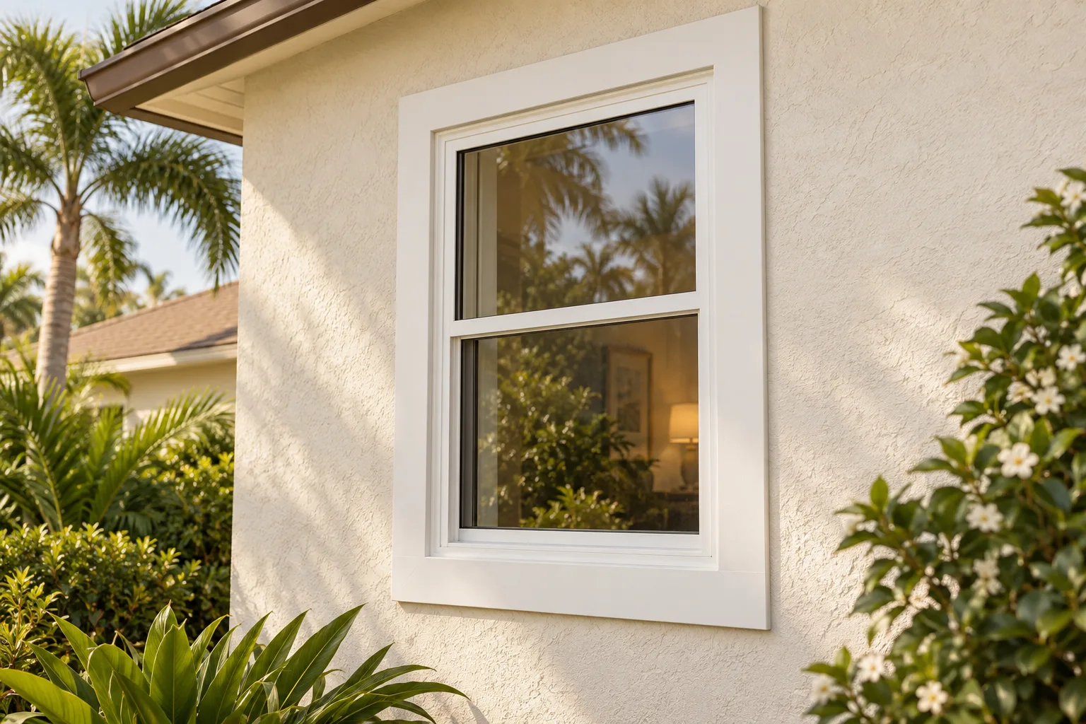 White window with broad face trim set into a textured stucco wall.