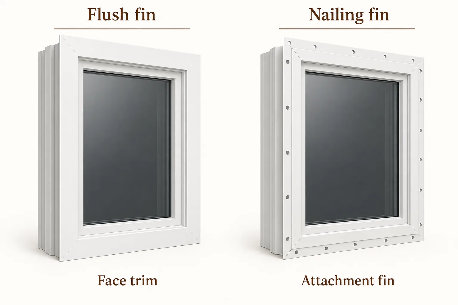 Two window frame illustrations compare solid flush-fin face trim with a perforated nailing fin.