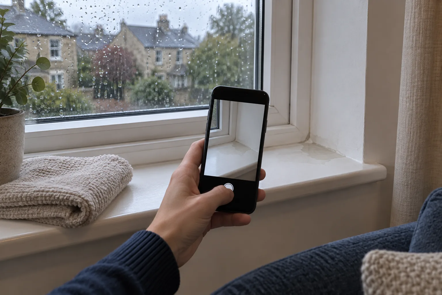 A hand photographs a wet interior window sill, with rain on the glass and a folded towel nearby.