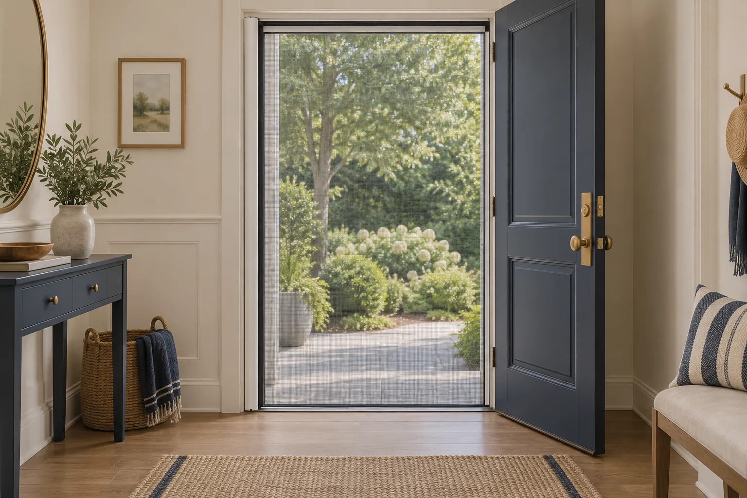 Retractable mesh screen across a doorway beside an open dark entry door.