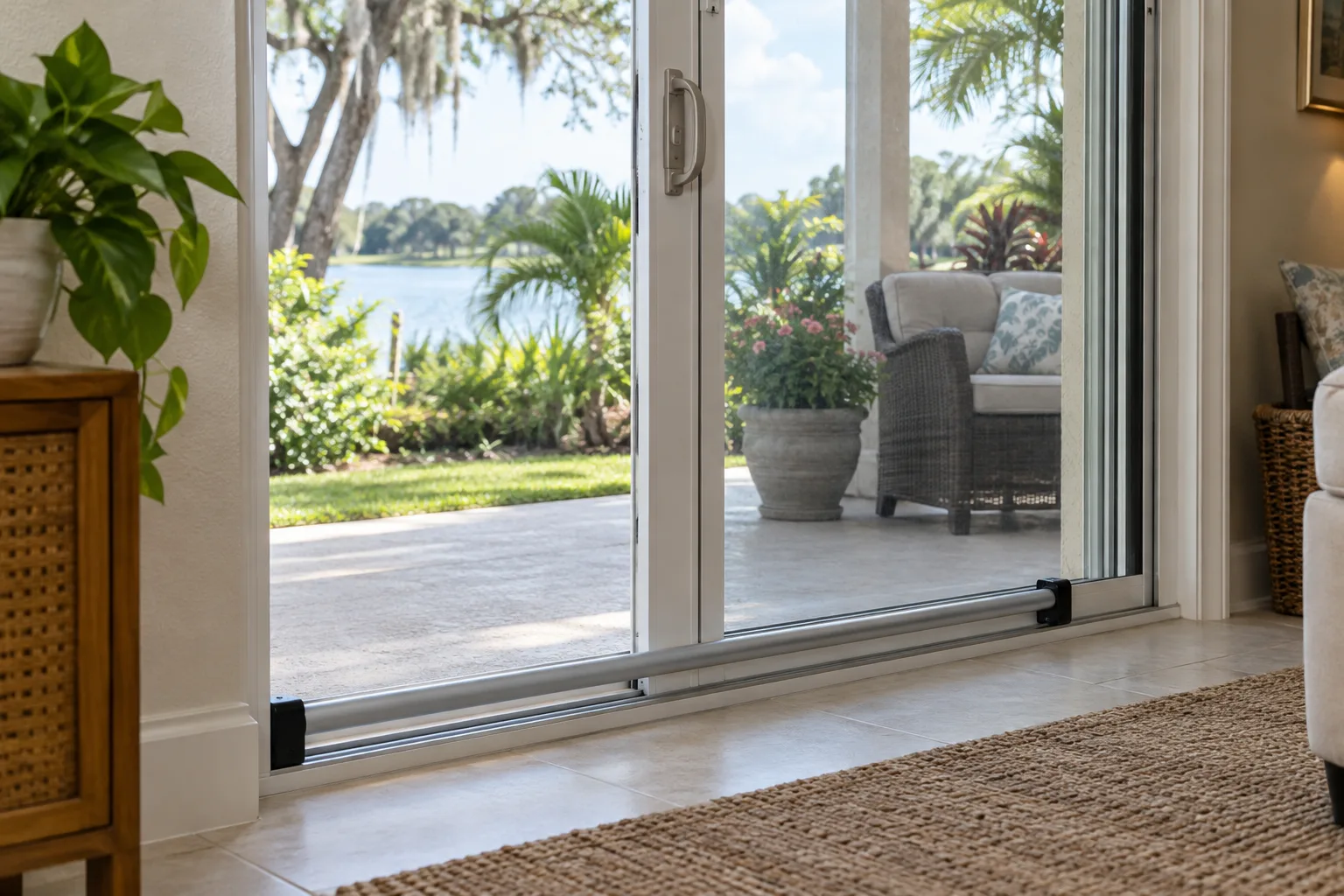 A sliding door security bar braces a sliding glass patio door beside a sunlit garden.