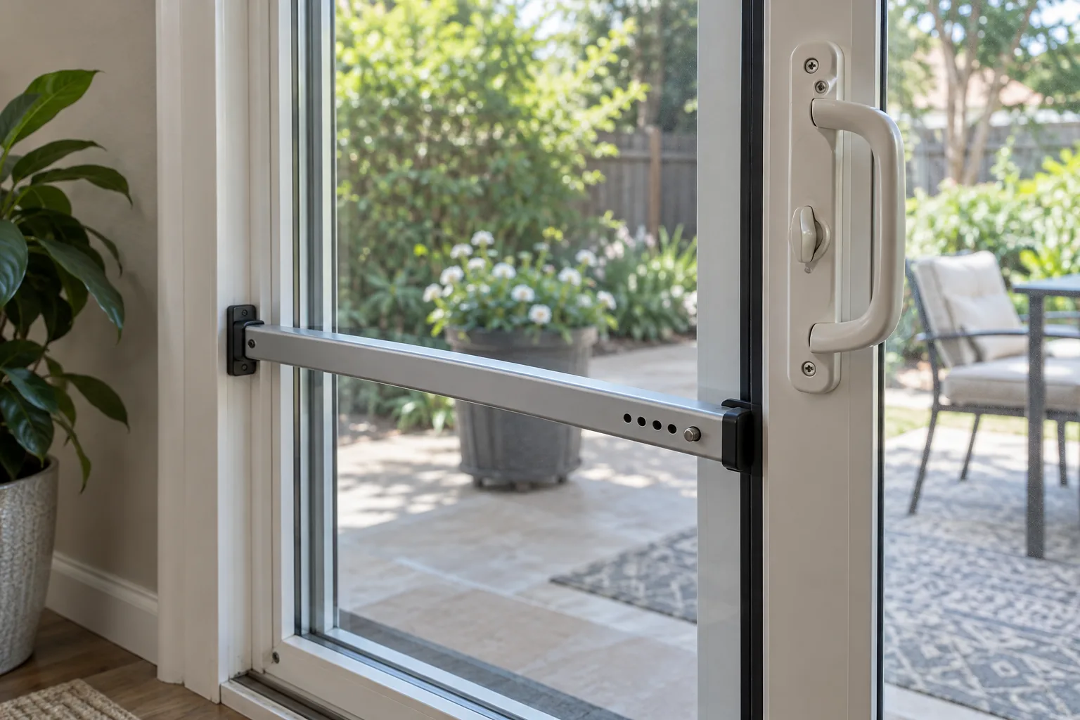 A metal security bar spans a sliding glass patio door beside its handle, with a garden visible outside.