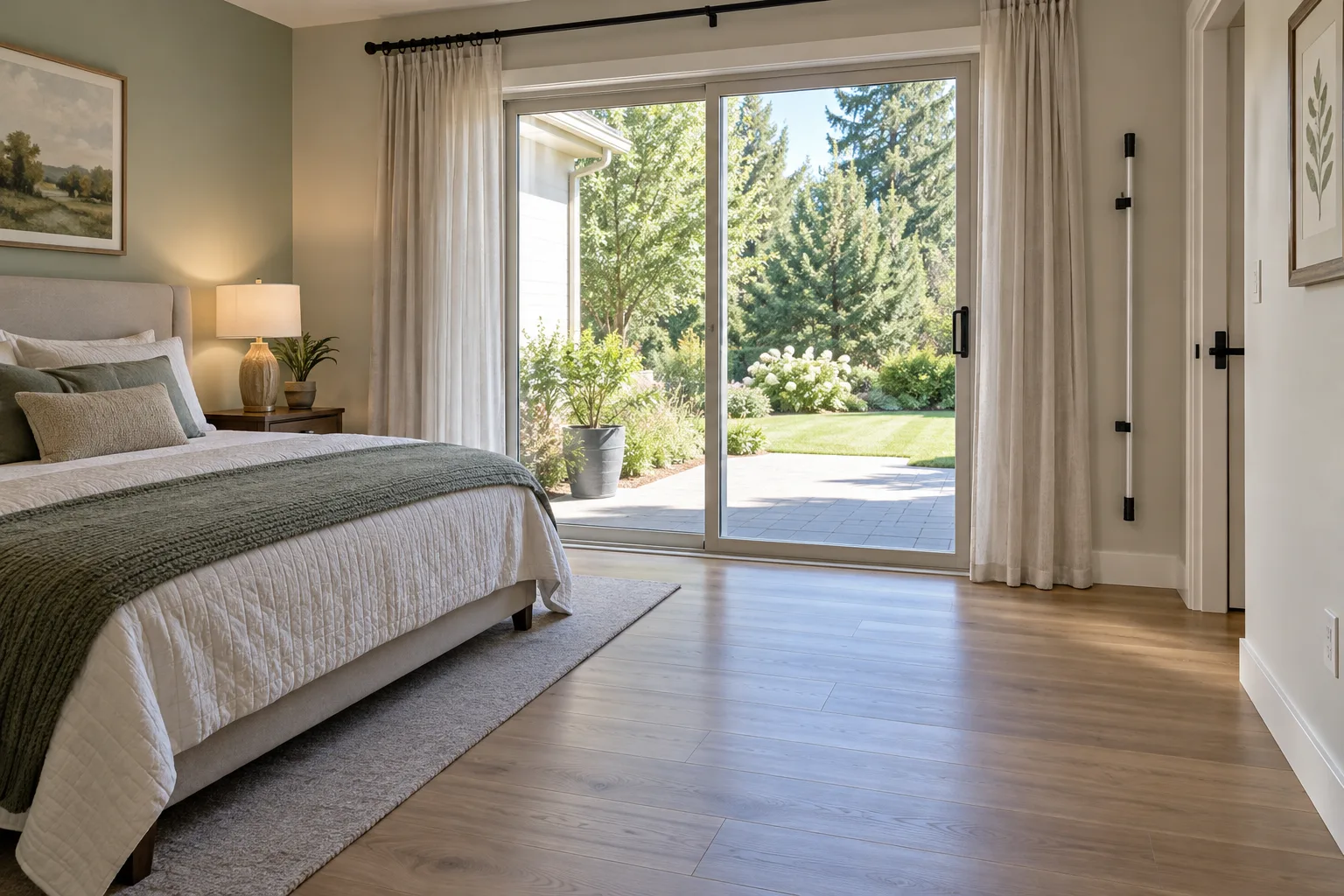 Bright bedroom with a sliding glass patio door, curtains, a bed, and a security bar mounted beside the door.