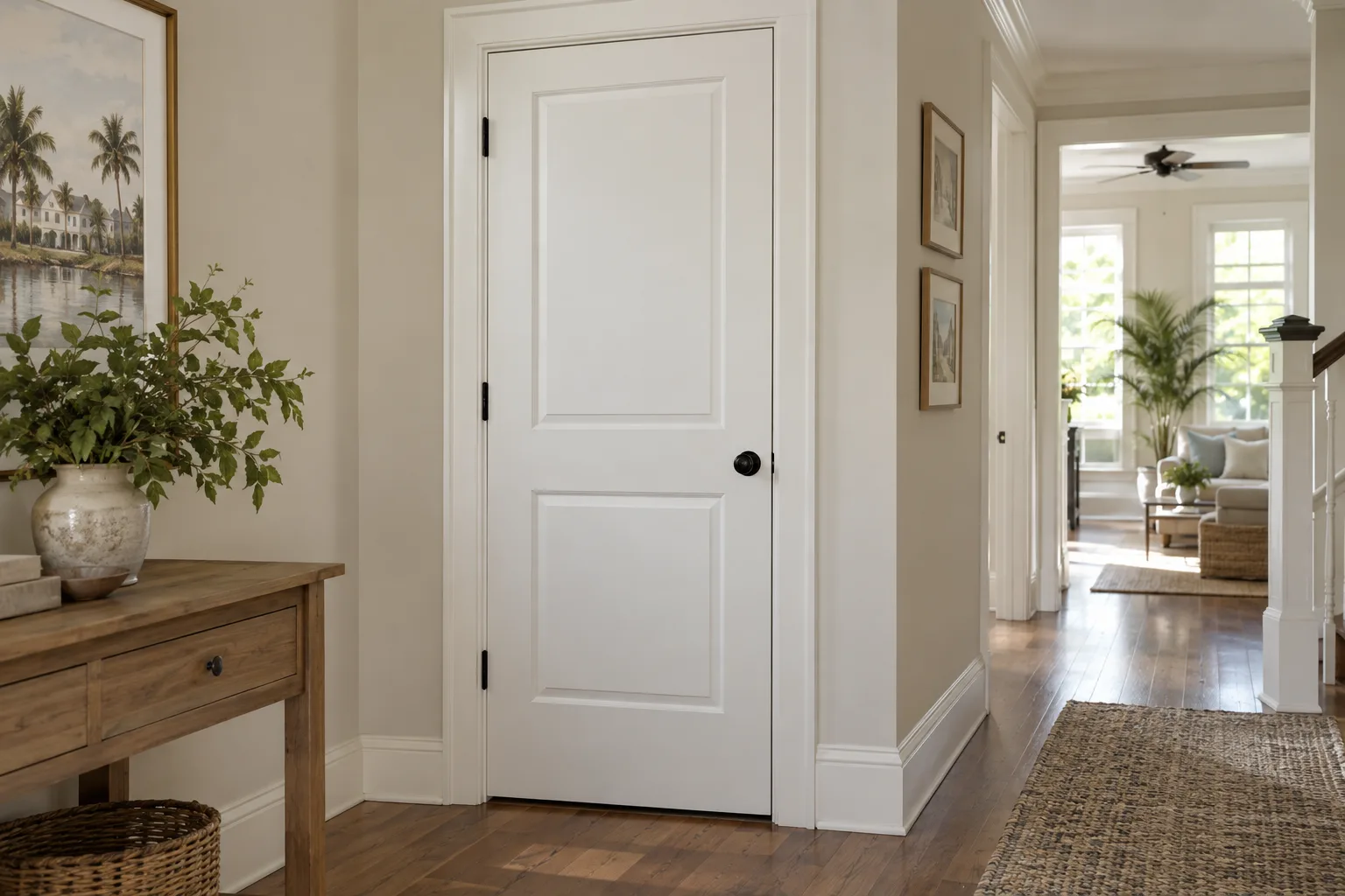 A white paneled door in a bright hallway, with wood floors and a console table; solid core interior doors.
