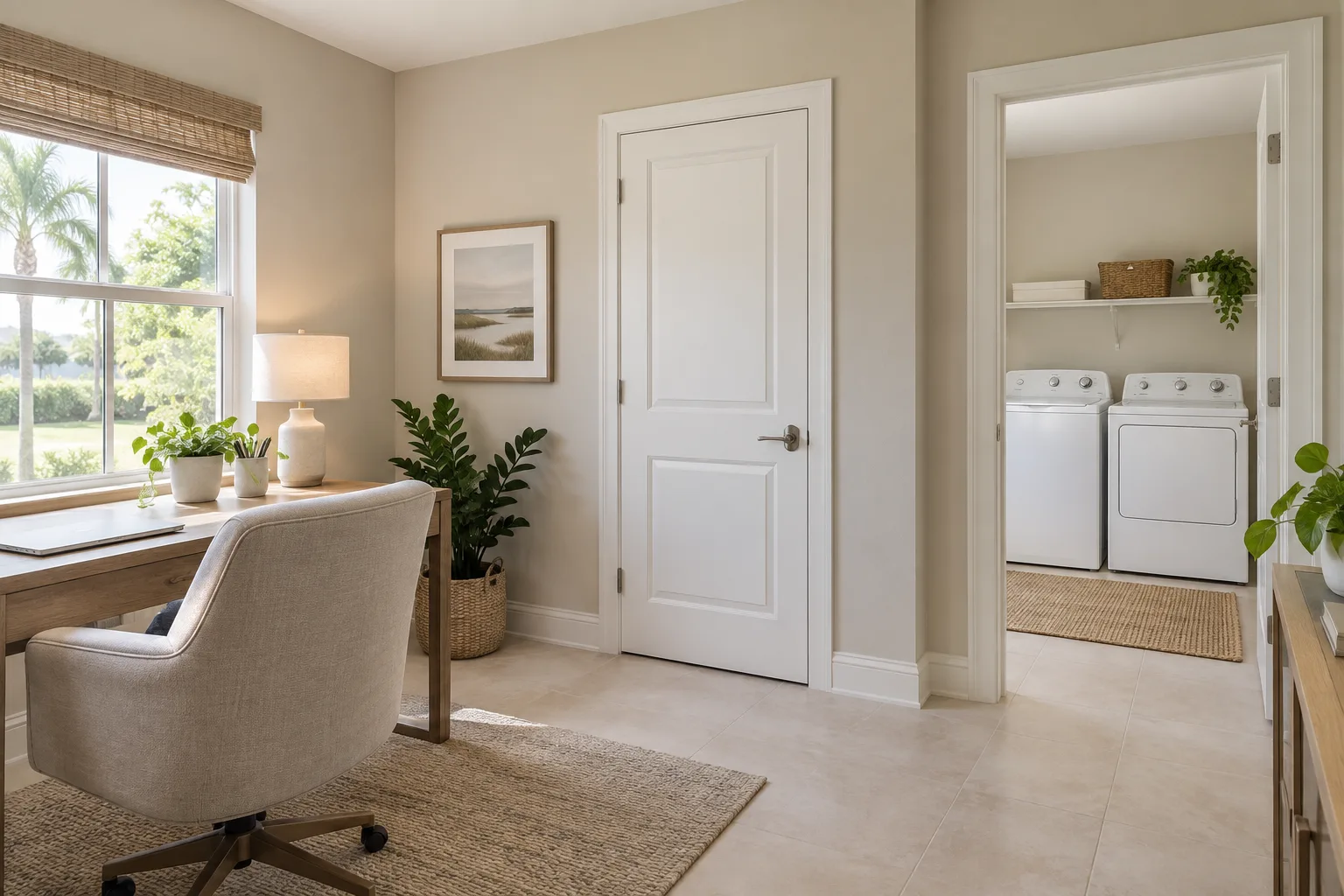 A white paneled interior door beside a bright window and an open laundry room with a washer and dryer.