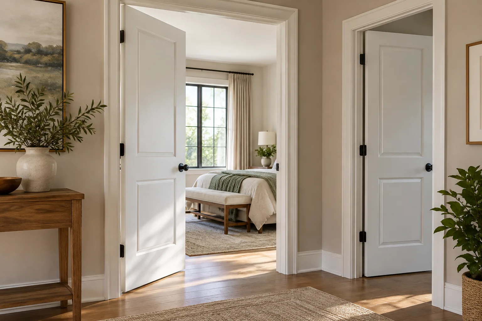 Two white paneled interior doors open onto a bedroom with a large window, in a warm neutral hallway.