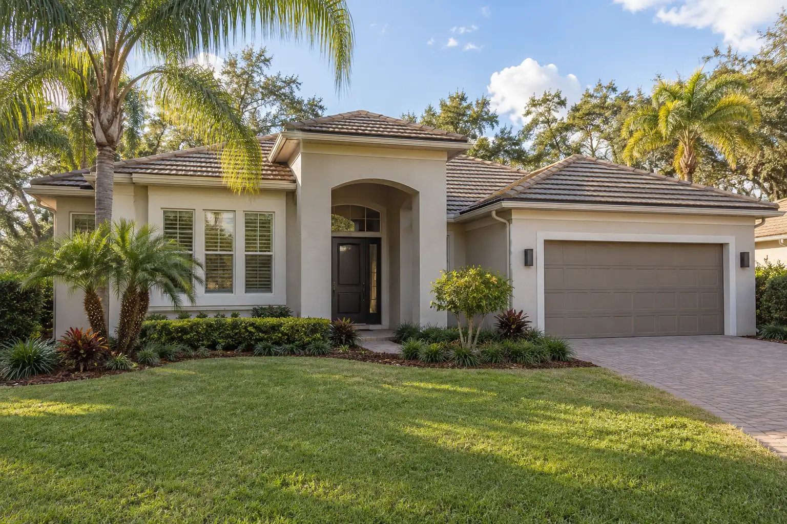 stucco window molding on a light stucco house with front windows, an arched entry, and a garage
