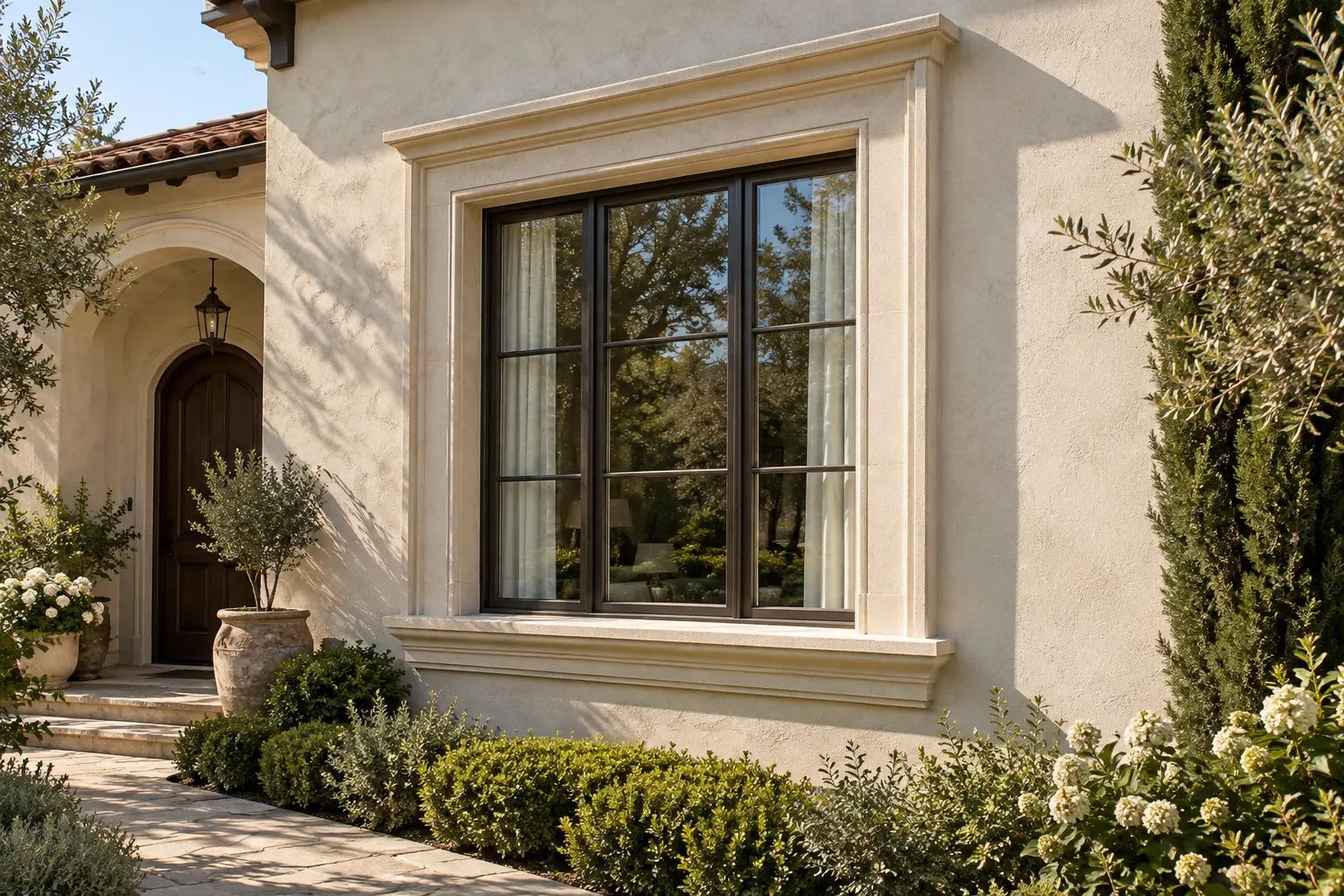 Cream stucco house with a large black-framed window, layered molding, and an arched dark wood entry door.