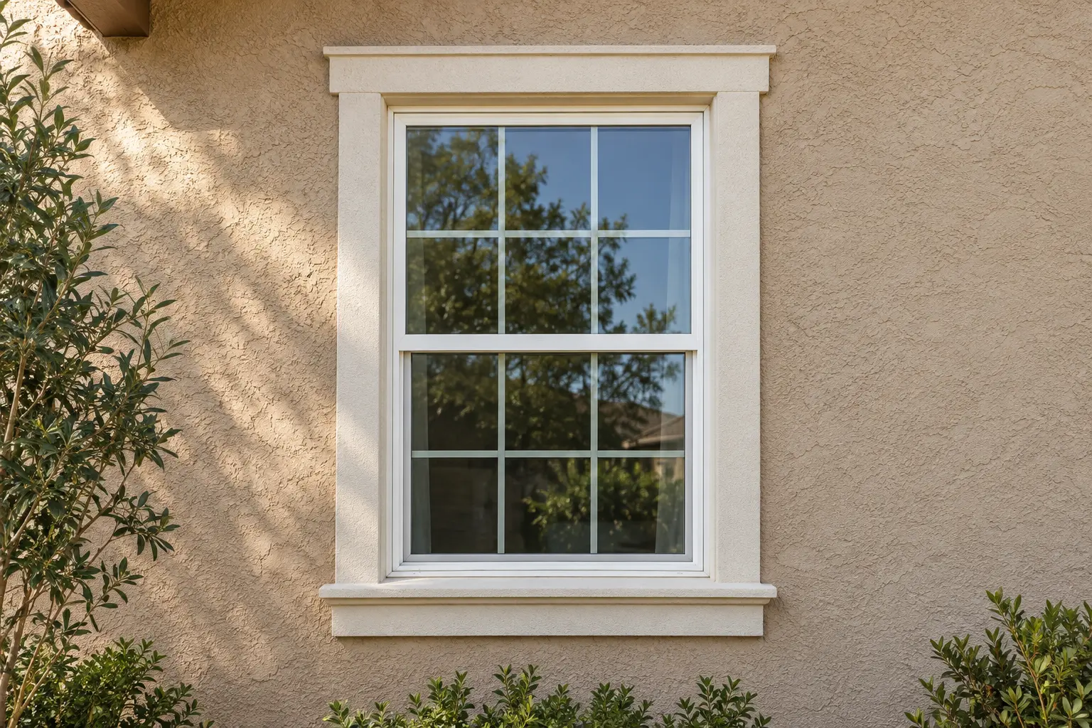 White-trimmed window set in a beige stucco wall, with shrubs and trees reflected in the glass.