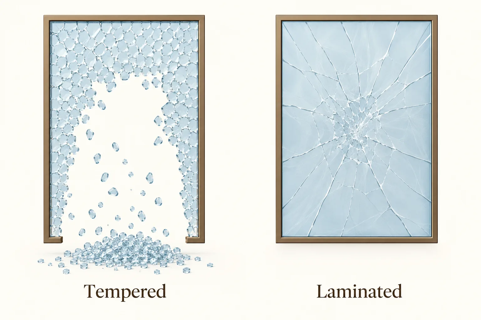 Tempered glass fragments fall from the left opening while cracked laminated glass stays together on the right.