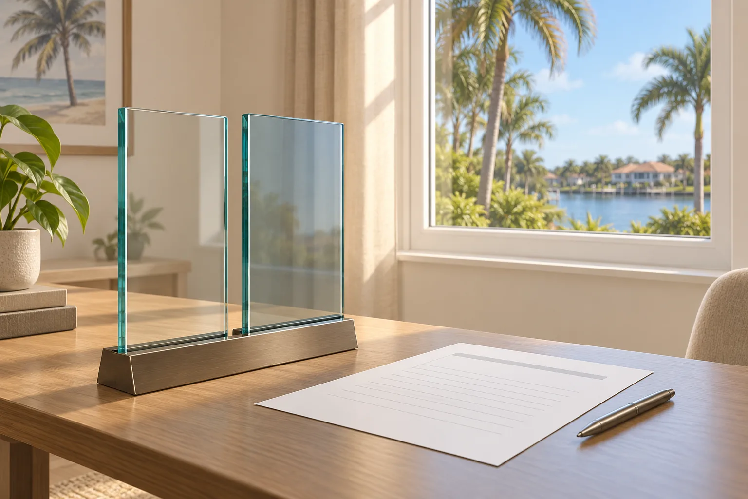 Two glass samples stand beside a specification sheet and a white-framed window.