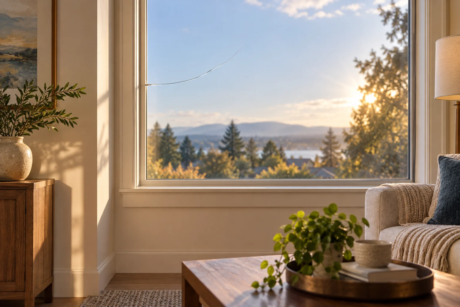 Closed living-room window with a crack extending inward from its left glass edge.