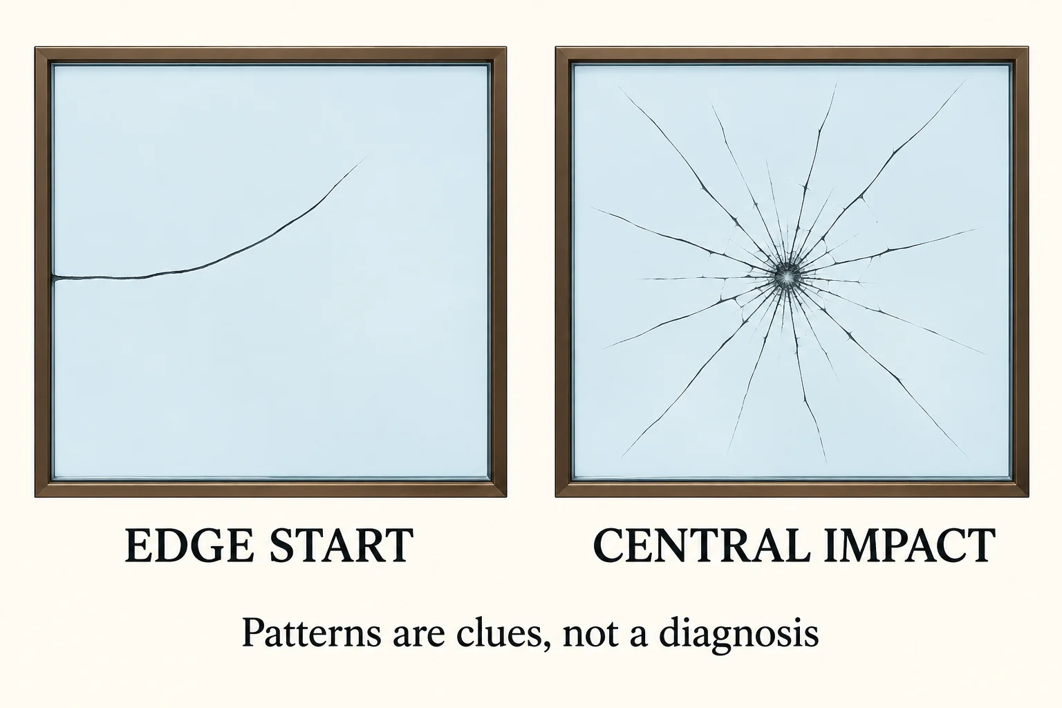 Two panes compare a crack beginning at an edge with cracks radiating from a central impact point.