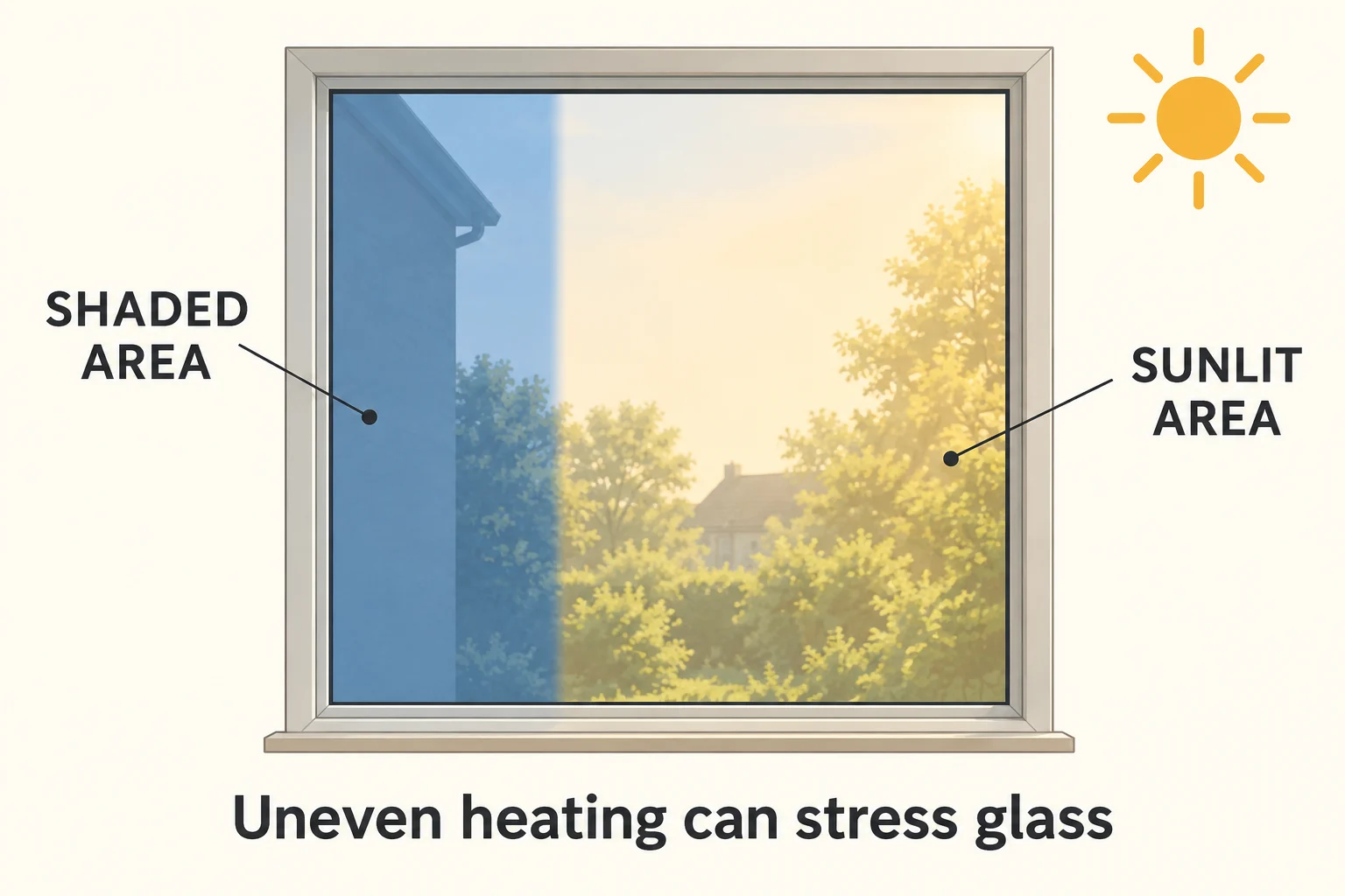 Window diagram labels a blue shaded area and amber sunlit area on the same pane.