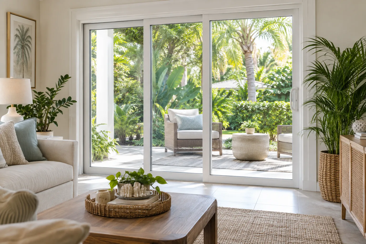 Bright living room with large sliding vinyl patio doors opening onto a green garden and patio seating.