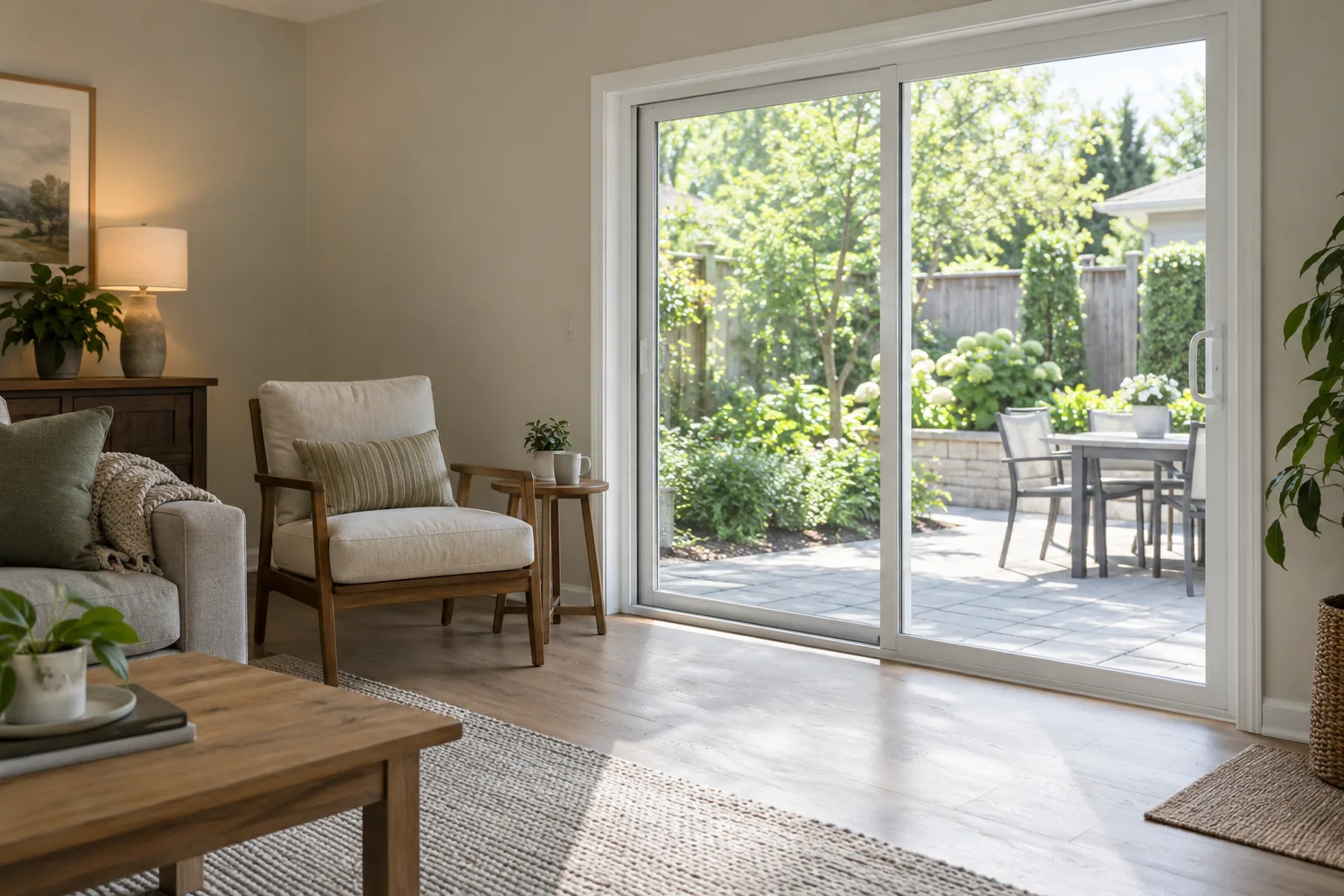 A bright living room with a white-framed sliding patio door opening onto a garden patio.