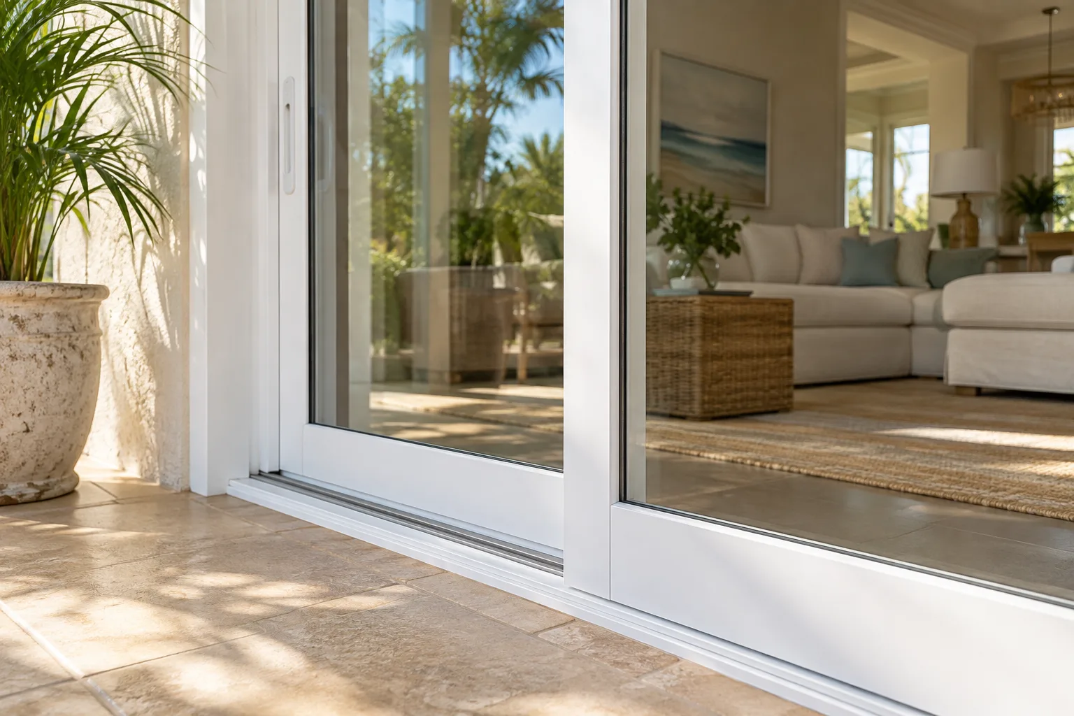 White-framed sliding glass patio doors open onto a sunlit stone patio beside a potted palm.
