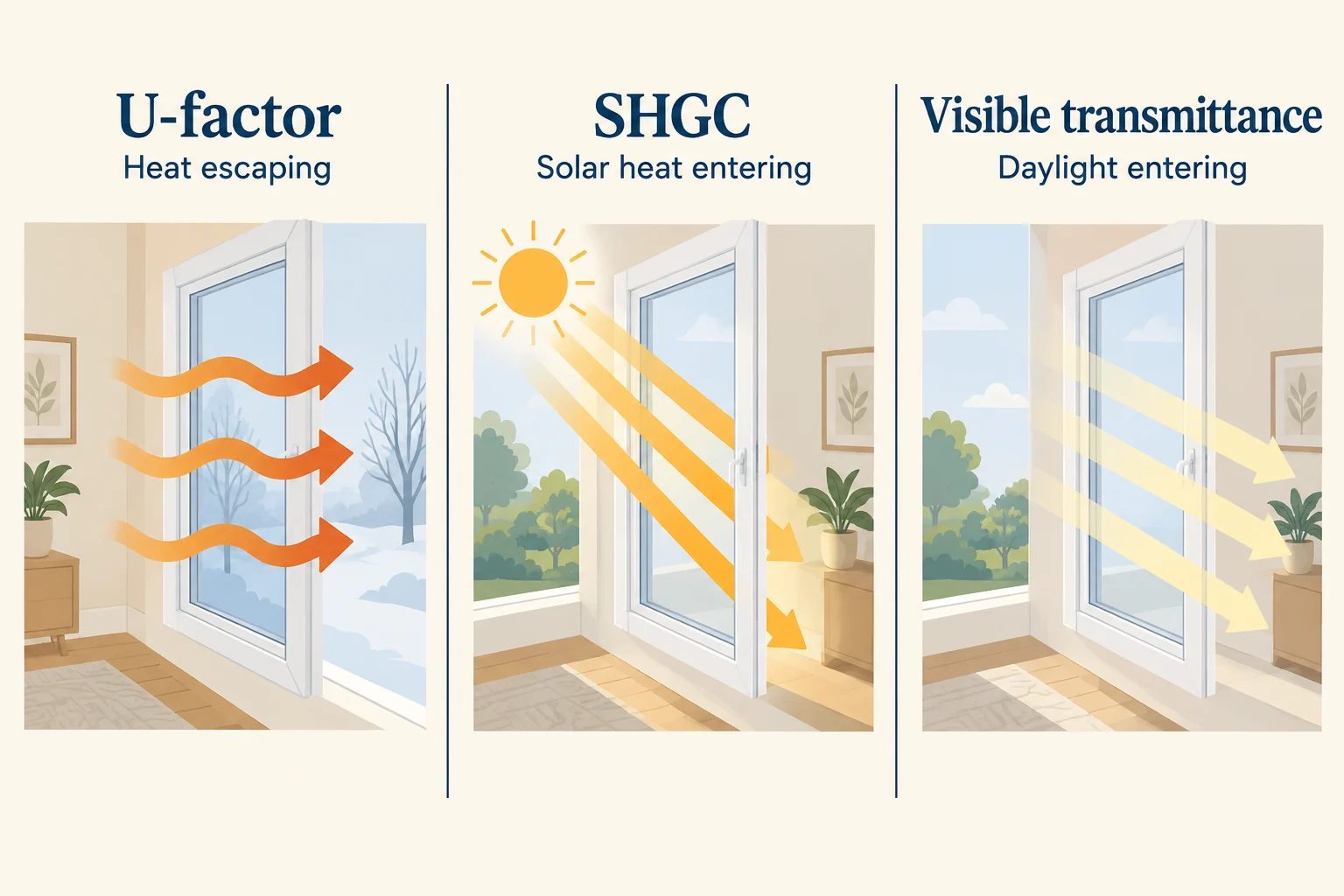 Three window diagrams label U-factor as heat escaping, SHGC as solar heat entering, and visible transmittance as daylight entering.