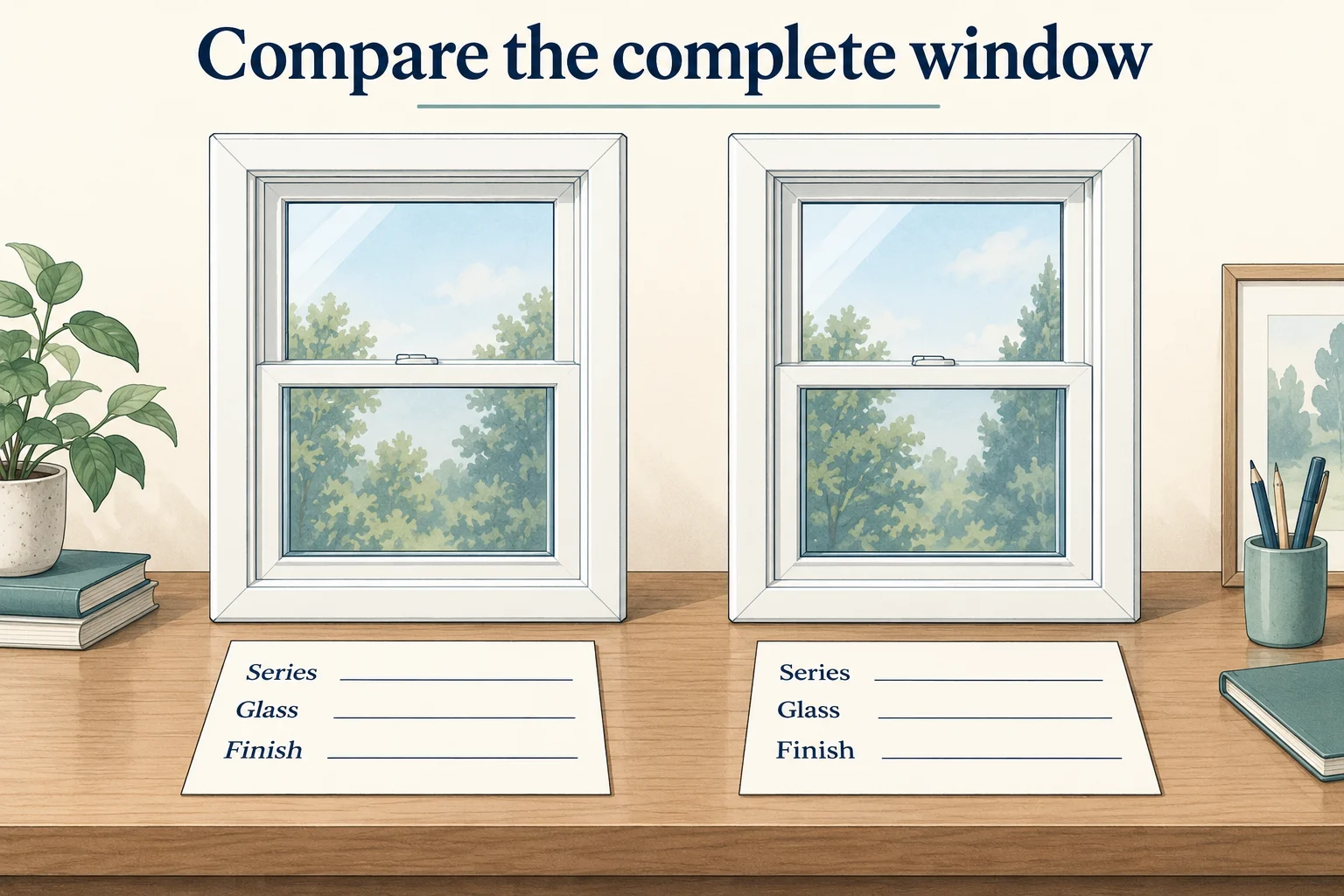 Two white-framed window samples sit above blank cards labeled Series, Glass and Finish.