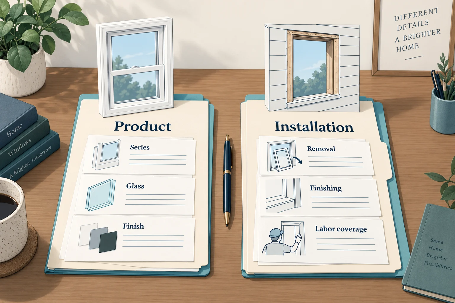 Product and Installation folders list series, glass, finish, removal, finishing and labor coverage beside window illustrations.
