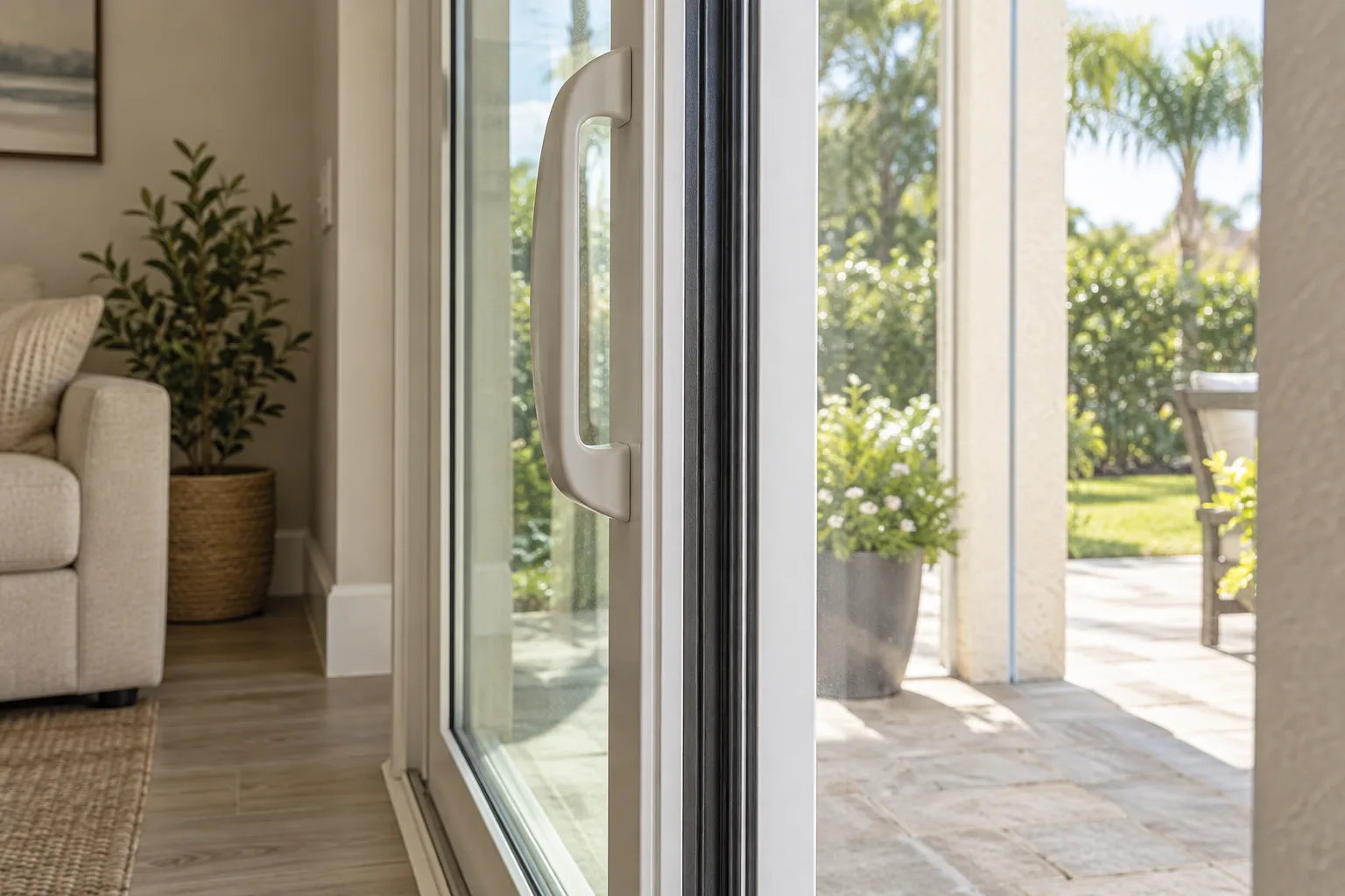 weather stripping for patio doors beside a white sliding glass door handle, with a bright patio and garden outside