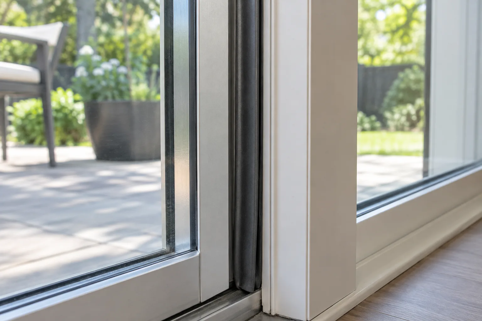 Close-up of a sliding patio door frame and dark weather stripping beside the glass panel.