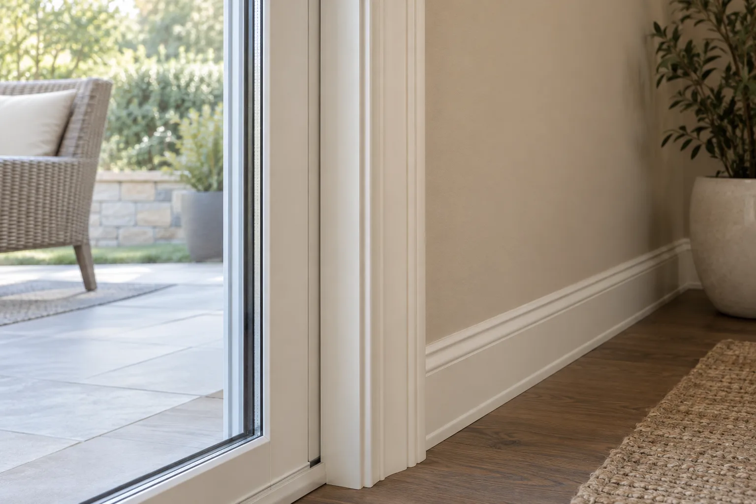 Close view of a white patio sliding door frame beside an indoor wall and outdoor patio.