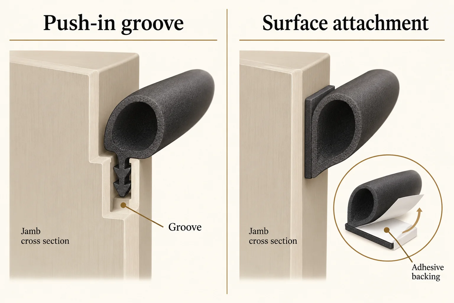 Illustrated jamb sections compare a seal stem in a groove with an adhesive surface-mounted seal.