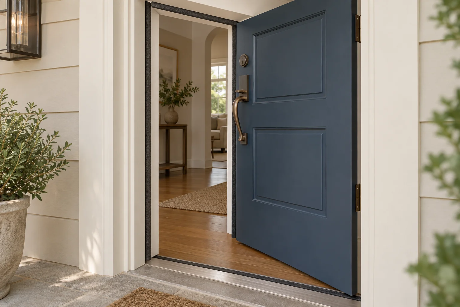 Illustrated blue exterior door partly open beside dark frame seals and a metal threshold.