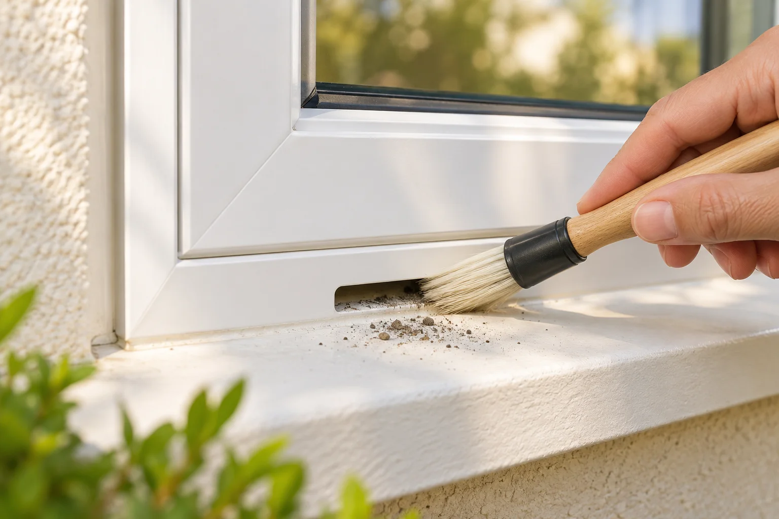 Soft brush bristles sweep loose debris at the lip of an exterior window drainage opening.