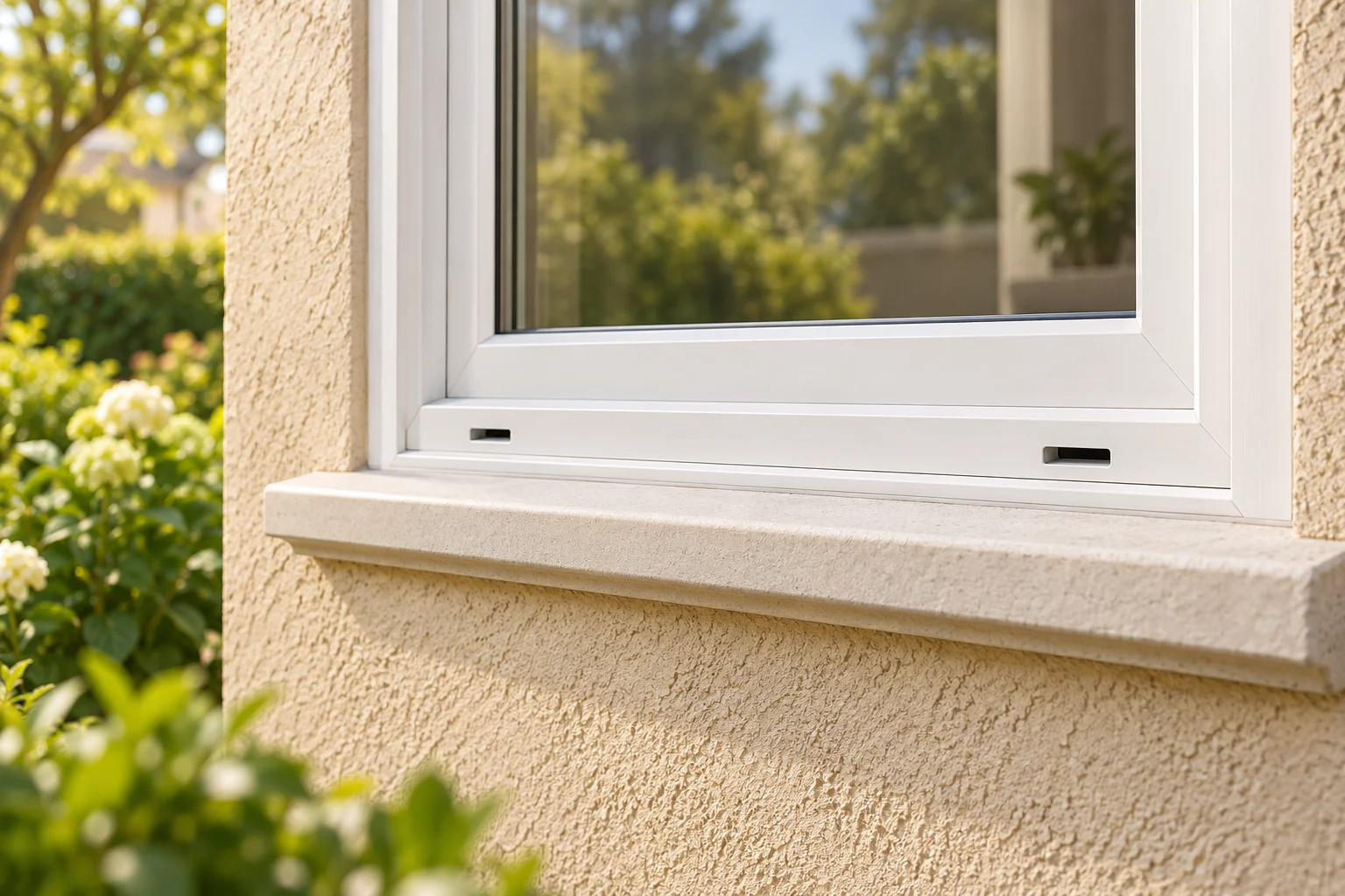 Two small drainage slots in the exterior bottom frame of a white window.