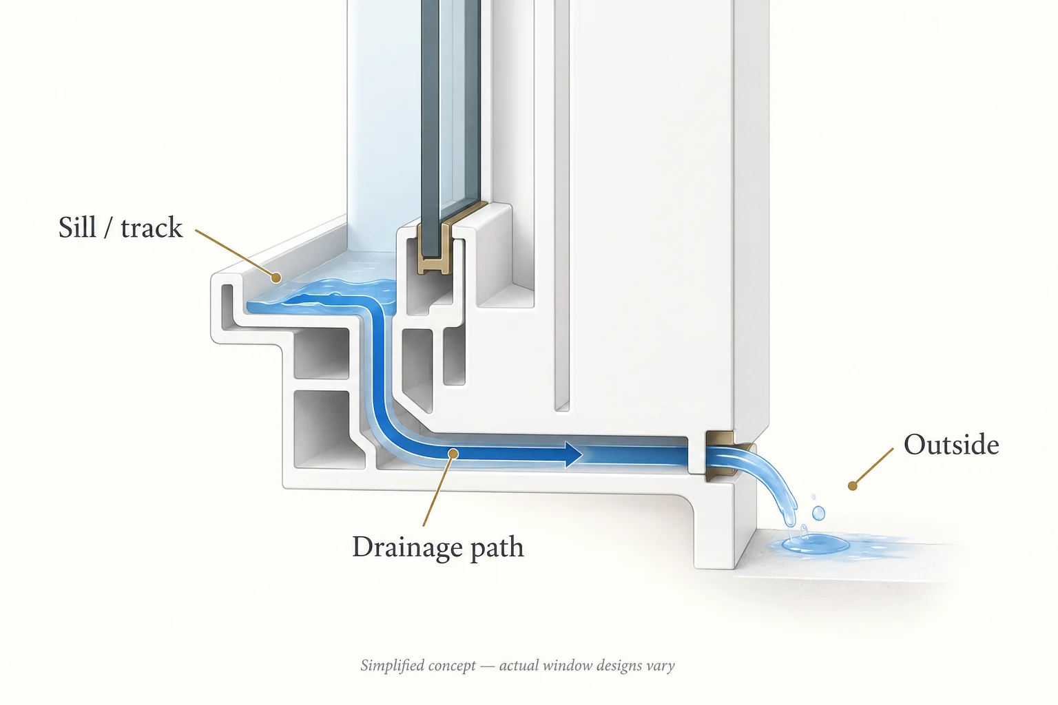Cutaway diagram shows water flowing from a sill track through a lower frame passage to the outside.