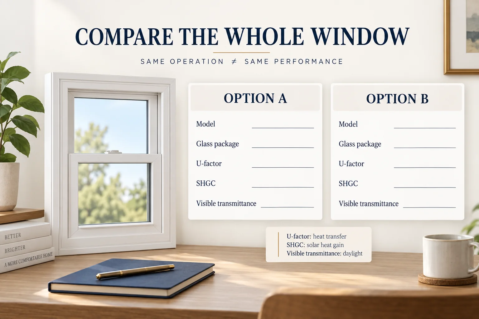 Two blank window comparison cards for model, glass package, U-factor, SHGC and visible transmittance.