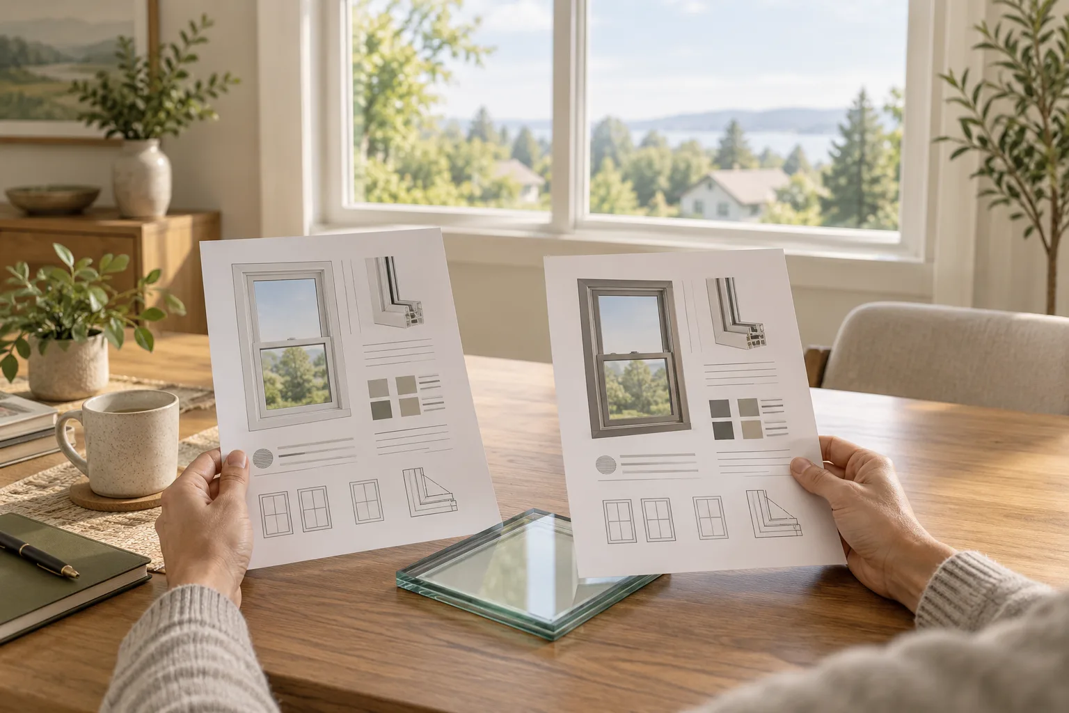 Hands compare two window specification sheets beside a glass sample and a residential window.