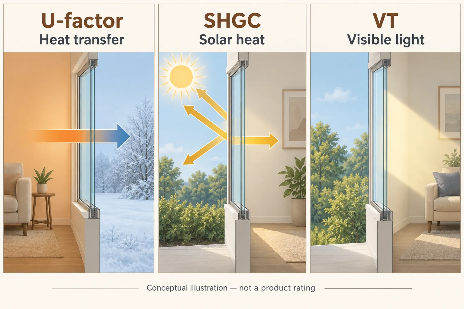 Three panels illustrate U-factor heat transfer, SHGC solar heat and VT visible light.