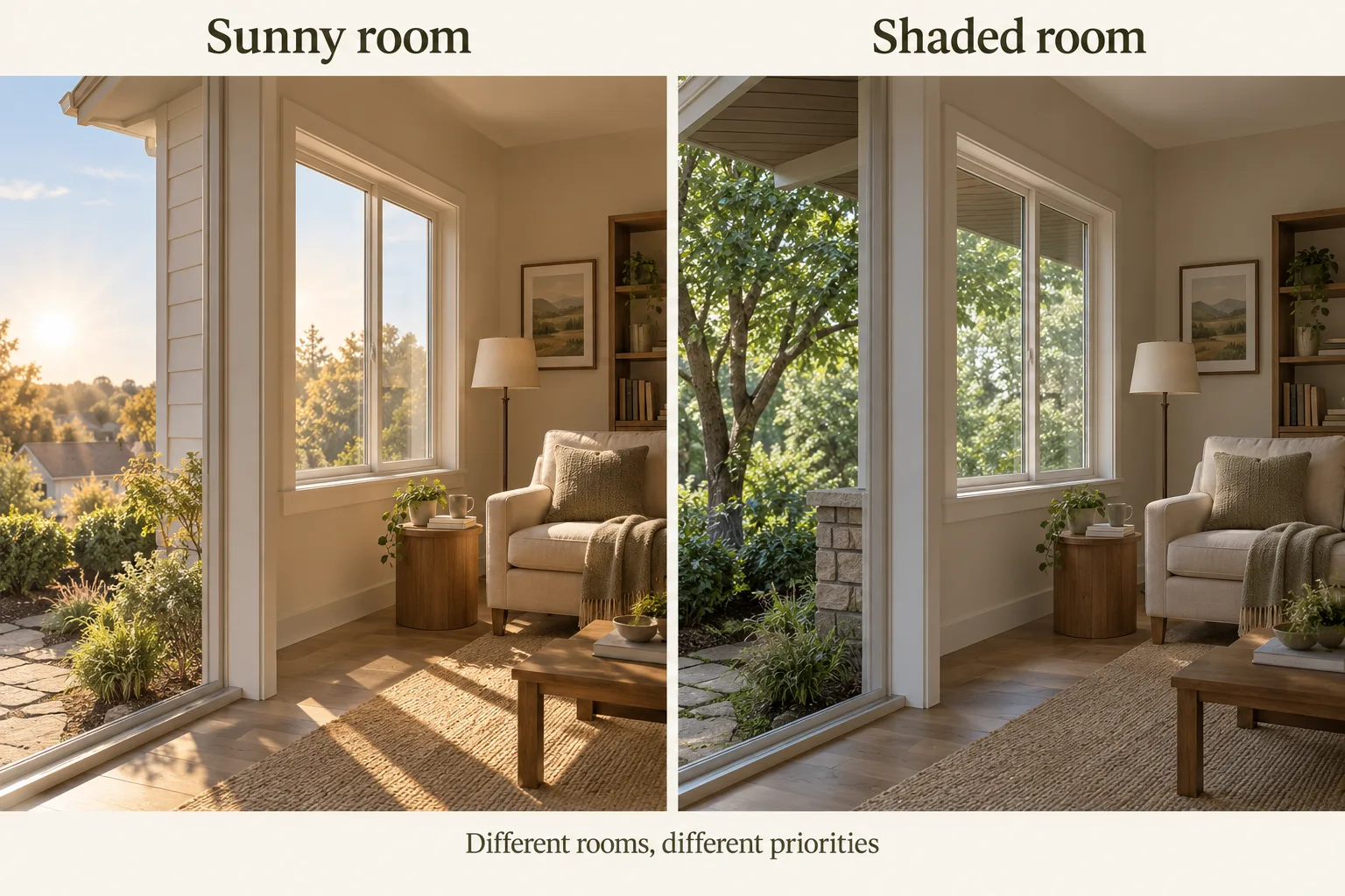 Side-by-side rooms show direct sunlight on the left and tree and overhang shade on the right.