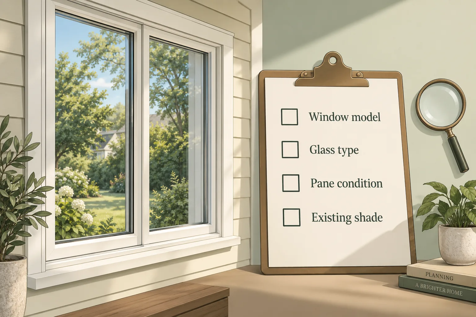 Window beside a checklist for model, glass type, pane condition and existing shade