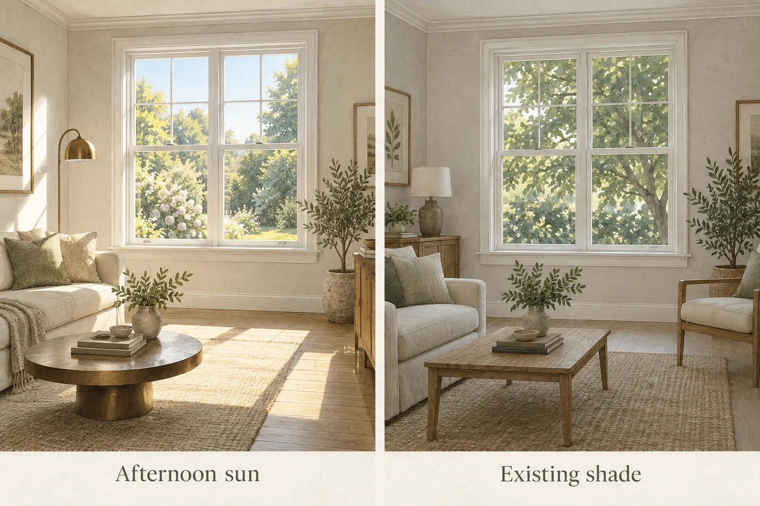 Two rooms labeled Afternoon sun and Existing shade with different daylight conditions