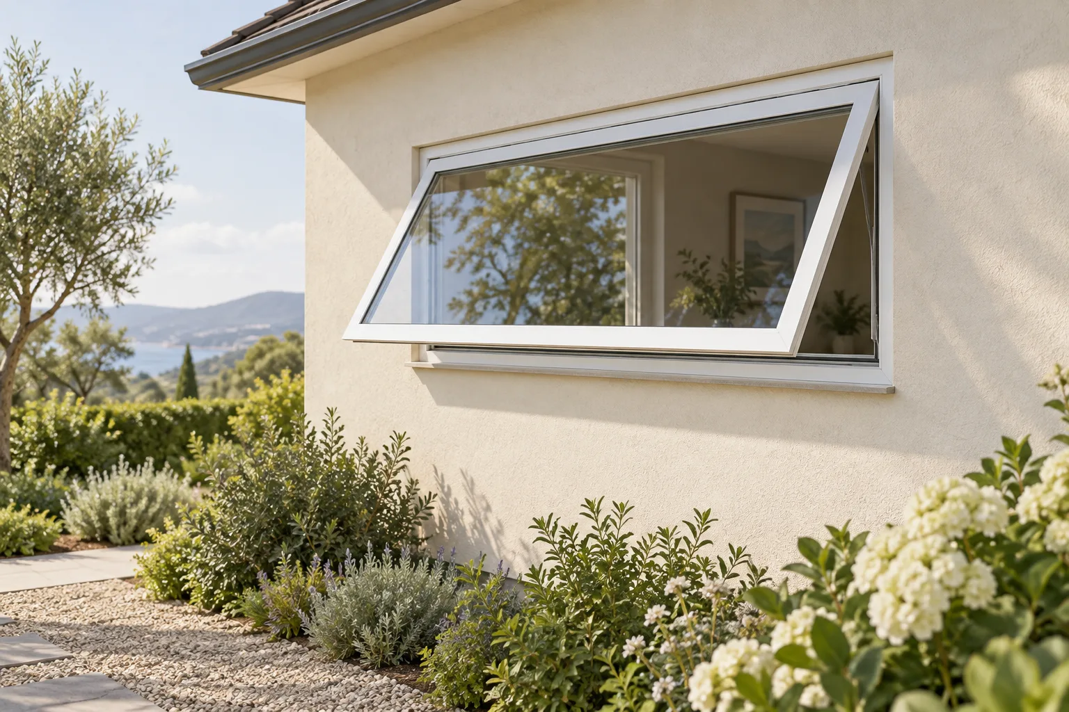 White awning window with its lower edge projecting outward from a cream exterior wall.
