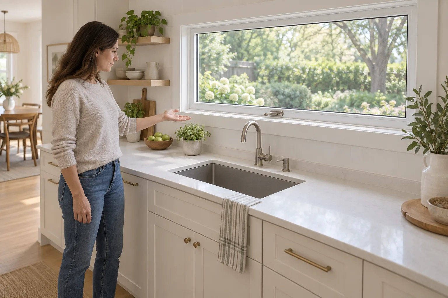 Person beside a kitchen counter gesturing toward the lower handle of a closed awning window.