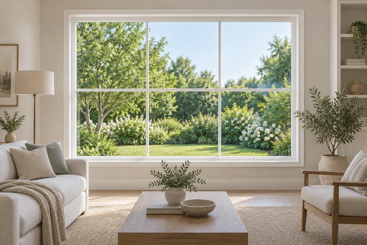 White colonial grille lines divide a living-room window into six rectangles with a garden beyond.