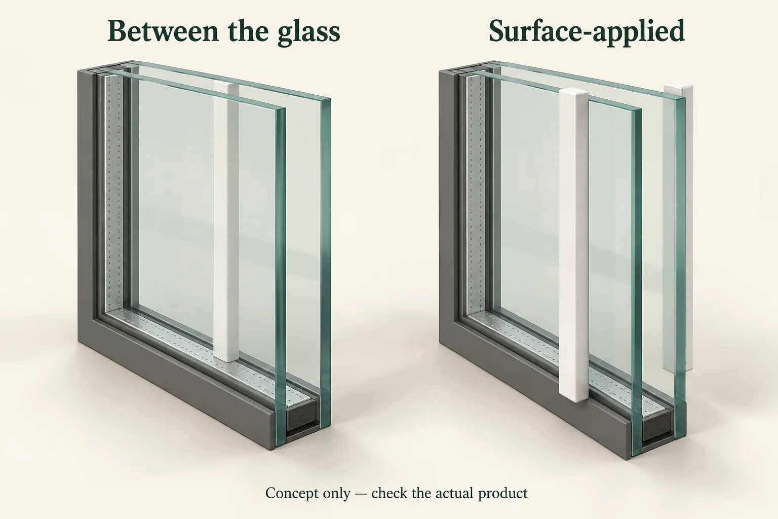 Two glass sample illustrations compare a bar between the glass with bars applied to exposed surfaces.