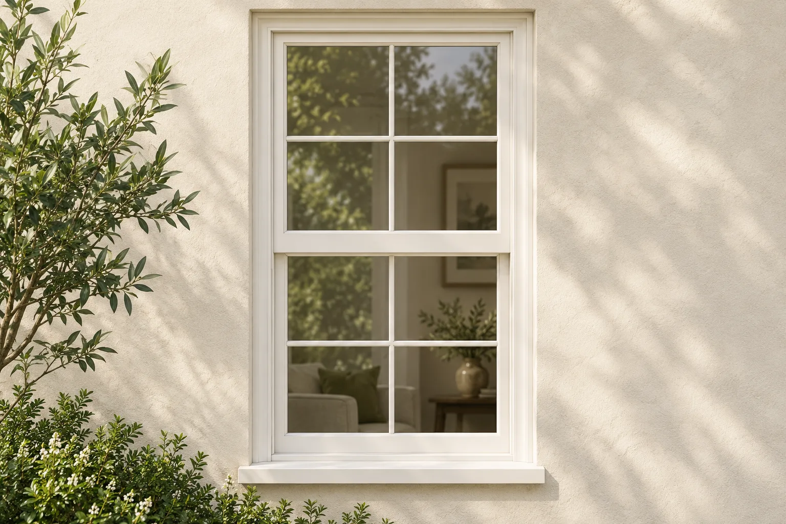 Illustrated white window has four rectangular lights in each of two stacked sashes beside green plants.