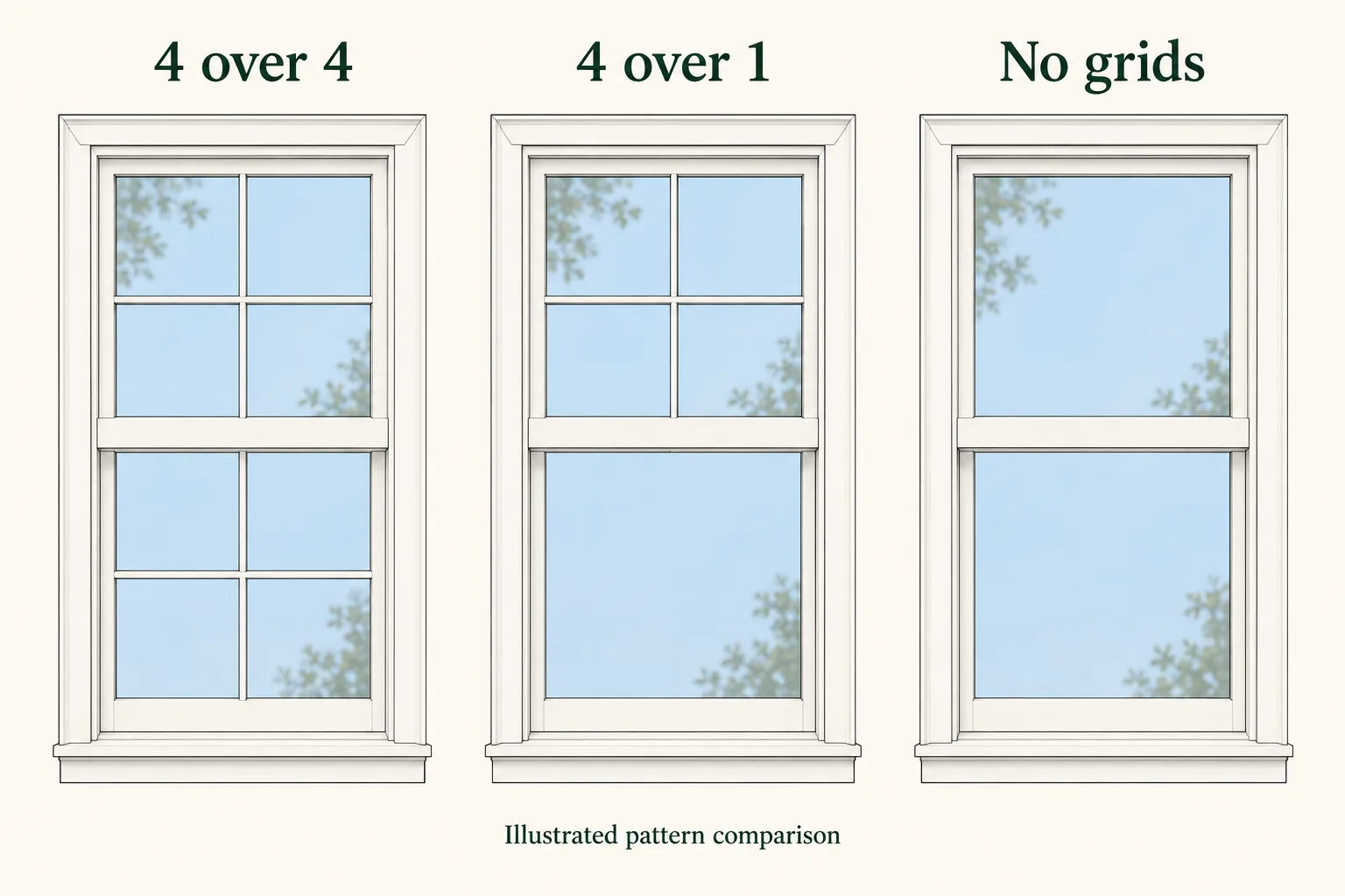 Three illustrated windows compare four-over-four, four-over-one and no-grid patterns.