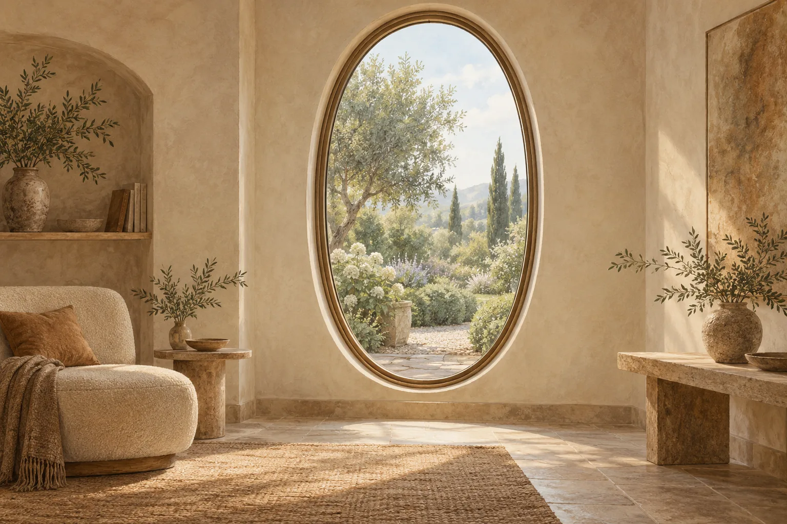 Illustrated room with a tall oval window overlooking a garden.